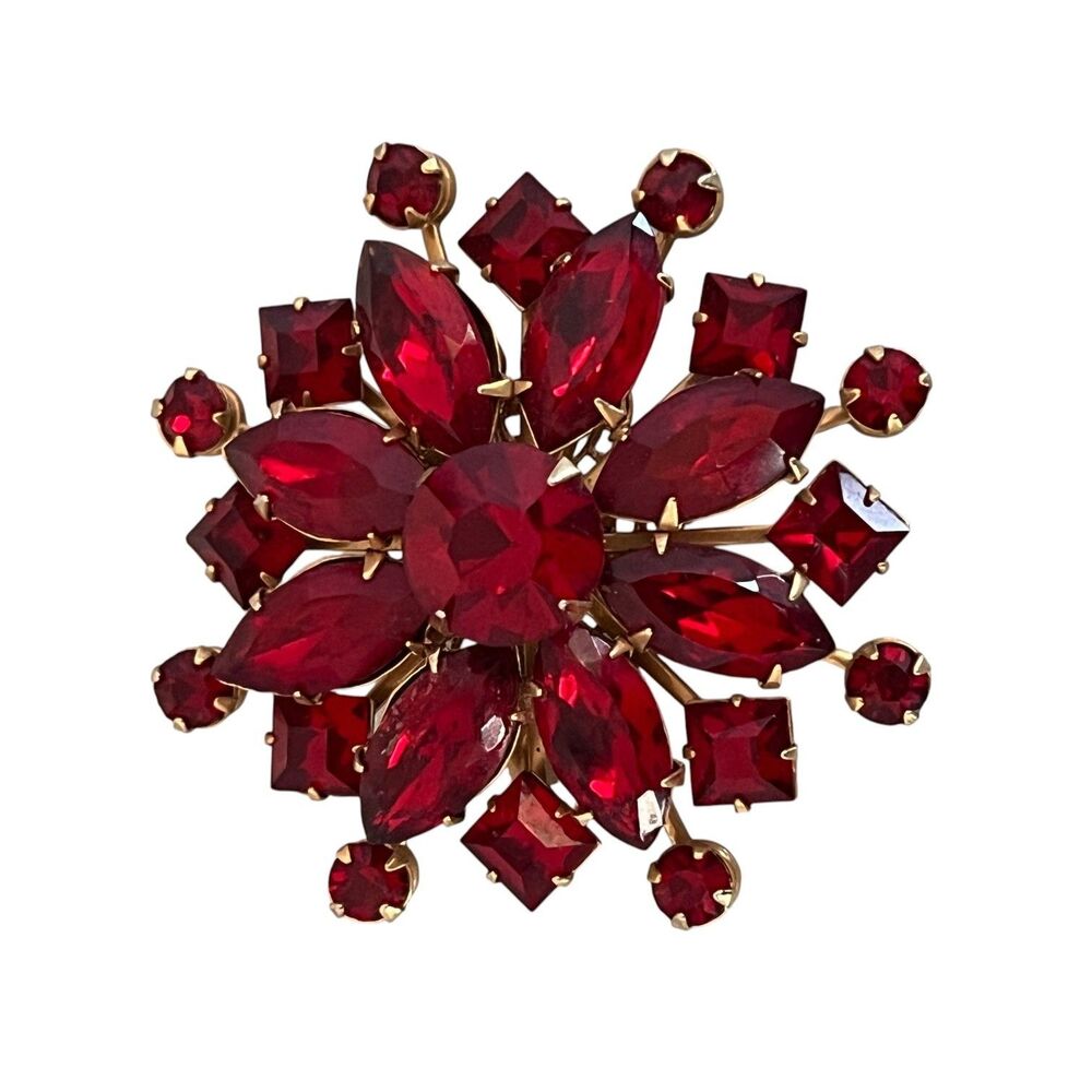 Vintage 1950s Red Rhinestone Starburst Brooch Gold Tone Mid Century - 10S